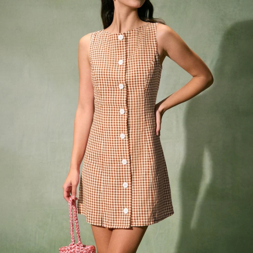 Brown Boat Neck Plaid Mini Dress